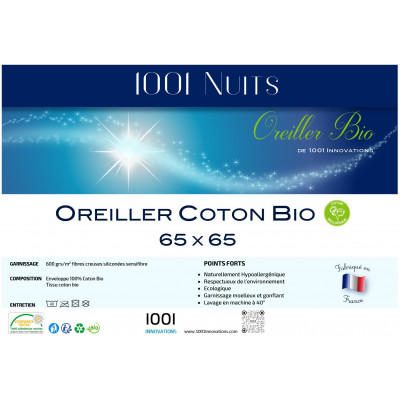 Lot de 2 Oreillers Bio Coton 65x65 600gr fibres creuses siliconnée soufflée  1001 Innovations