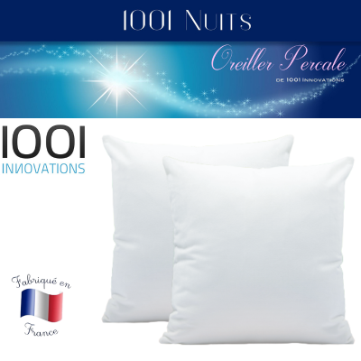 Oreiller Coton Percale 60x60, 91 fils, 550gr fibres creuses siliconnée  soufflée, lot de 2, 1001 Innovations