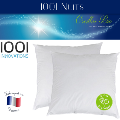 Lot de 2 Oreillers Bio Coton 60x60 600gr fibres creuses siliconnée soufflée  1001 Innovations