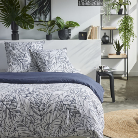 Parure de lit Mawira feuillage blanc et bleu marine 220x240 cm