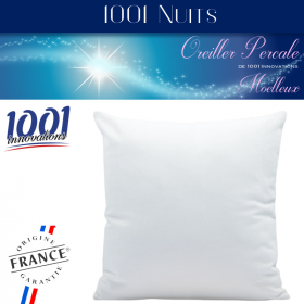 Oreiller Coton Percale Moelleux 65x65, 91 fils, 600gr fibres creuses siliconée soufflée 1001 Innovations
