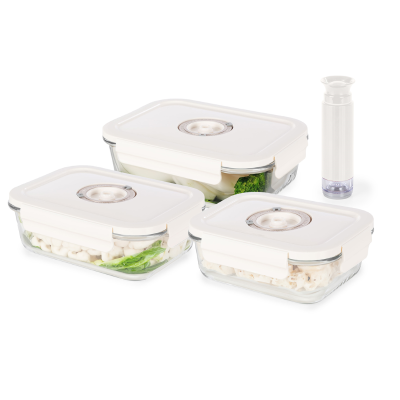 Lot de 3 boîtes alimentaires sous vide en VERRE + dateur et pompe intégrée