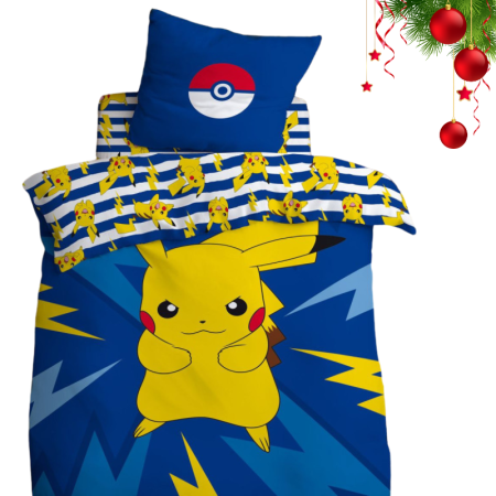 Parure de Lit Enfant Imprimée Réversible, PIKACHU Bleue électrique 140 x 200 cm avec taie d'oreiller en coton