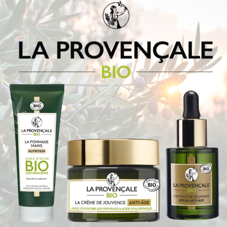 Lot de 3 produits La Provençale, crème de Jouvence, Sérum anti-âge, Pommade pour mains Bio