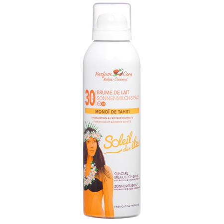 Soleil des Îles Brume de Lait Solaire au Monoï de Tahiti 100% Naturel - Parfum Coco - Protège Nourrit et Hydrate - SPF30