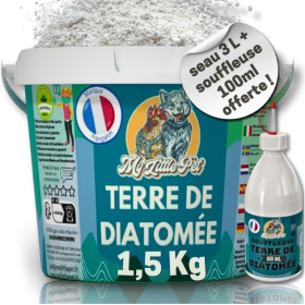 100% Terre de Diatomée Alimentaire Blanche 1,5Kg Seau + Souffleuse 100ml