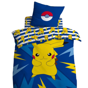 Parure de Lit Enfant Imprimée Réversible, PIKACHU Bleue électrique 140 x 200 cm avec taie d'oreiller en coton