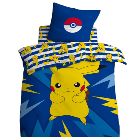 Parure de Lit Enfant Imprimée Réversible, PIKACHU Bleue électrique 140 x 200 cm avec taie d'oreiller en coton
