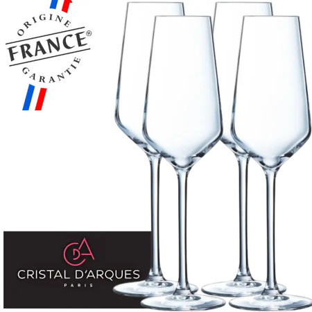 4 flûtes à Champagne 23 cl Cristallin - Cristal d'Arques - Verre ultra transparent