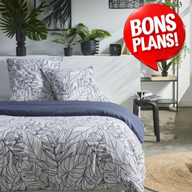 Parure de lit Mawira feuillage blanc et bleu marine 220x240 cm
