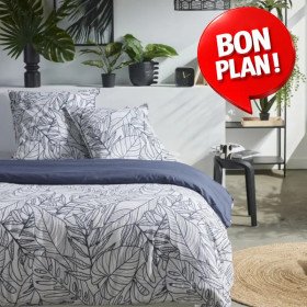 Parure de lit Mawira feuillage blanc et bleu marine 220x240 cm