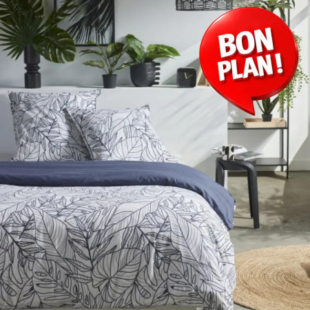 Parure de lit Mawira feuillage blanc et bleu marine 220x240 cm